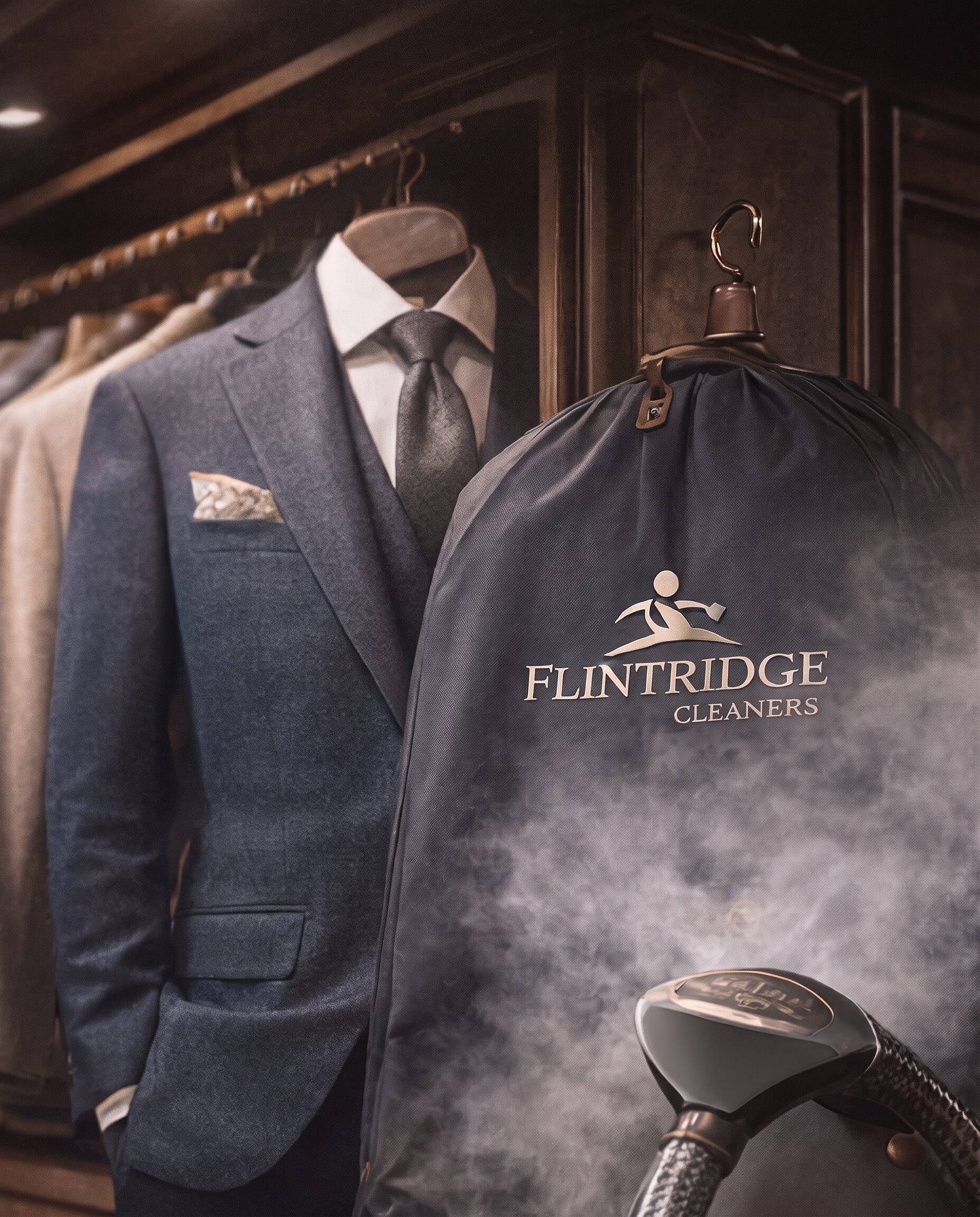 Tailored navy suit beside a Flintridge Cleaners garment bag with rising steam