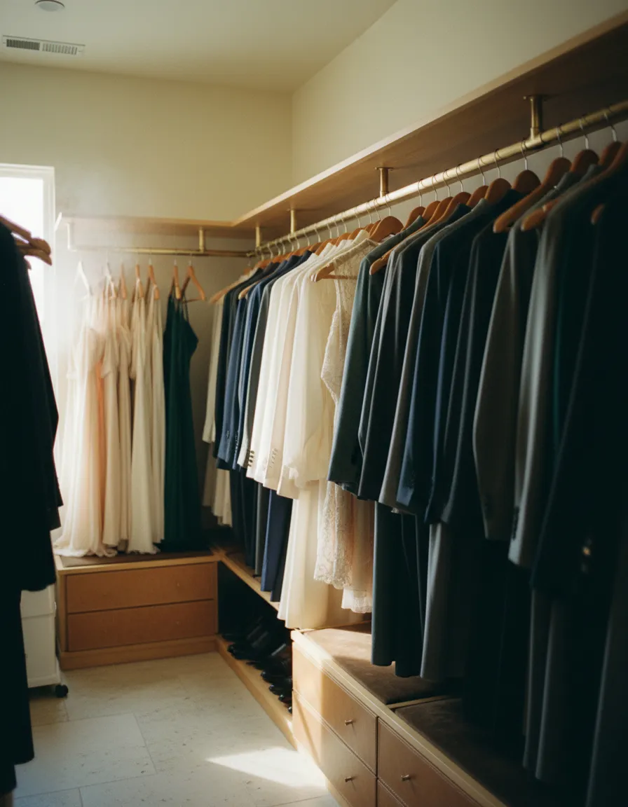 Luxury walk-in closet with a Flintridge garment bag and steamer